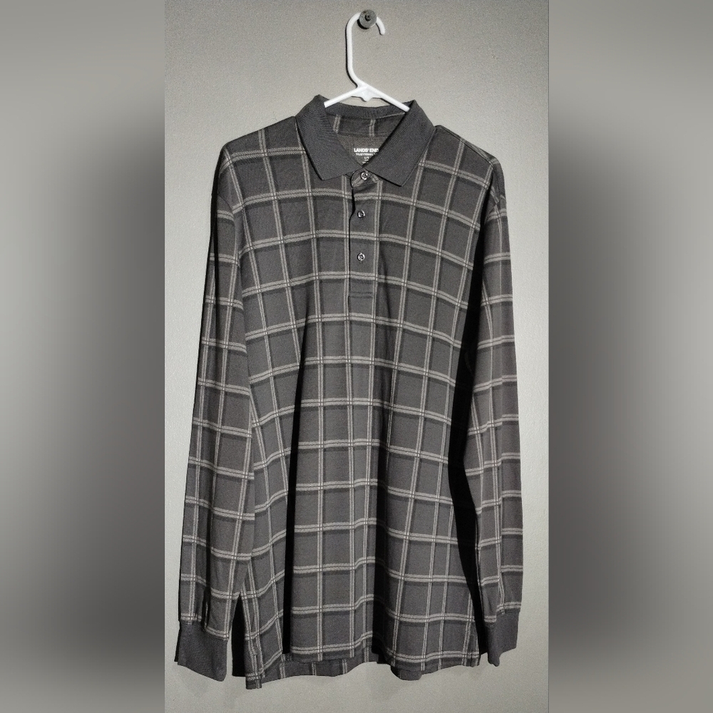 Lands' End Men's Gray Checkered Polo Shirt (L)